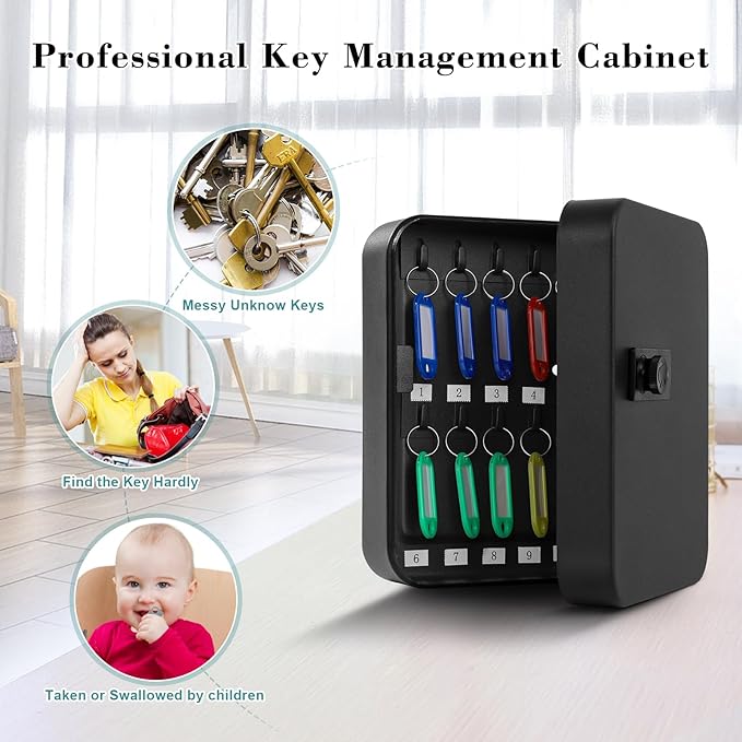KYODOLED 20 Key Storage Lock Box with Code, Key Cabinet Organizer Wall Mount with Combination Lock, Key Hooks & Labels, 7.87 x 6.3 x 3.14 in, Black