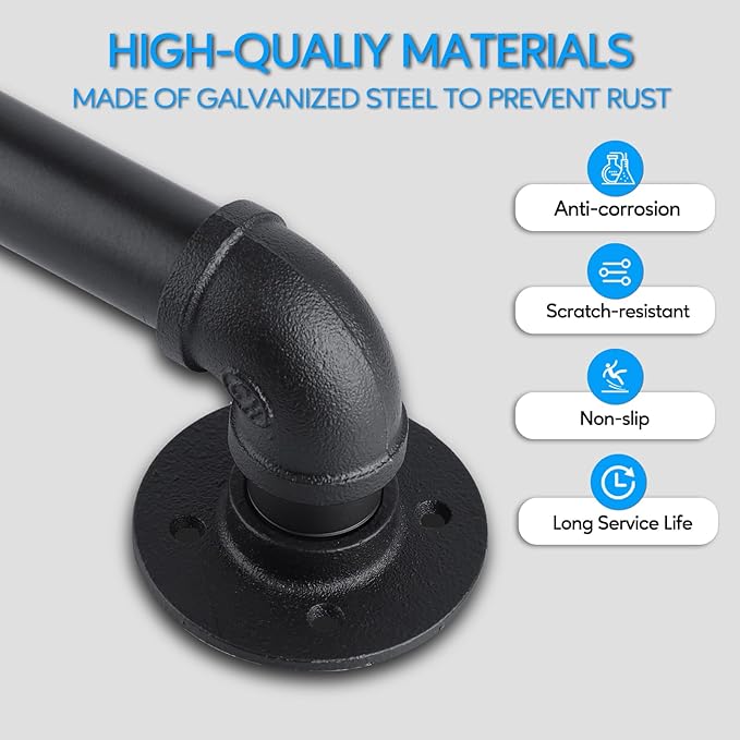 Pipe Stair Handrail, 6.6 Ft Metal Staircase Handrail, Black Galvanized Industrial Iron Hand Rail for Indoor & Outdoor Wall Mount Support, Wall Hand Railing,Safety Handle, Steps Baluster(HR04)