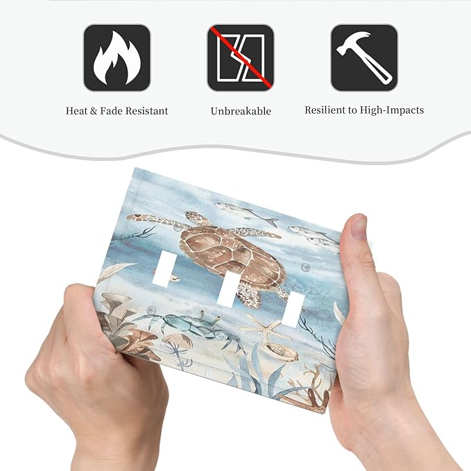 Decorative Switch Plates Sea Turtle Coral Reef Nauticaltheme 3 Gang Wall Plate Triple Toggle Light Switch Cover Faceplate Electrical Wall Panels for Kids room Bathroom Decor
