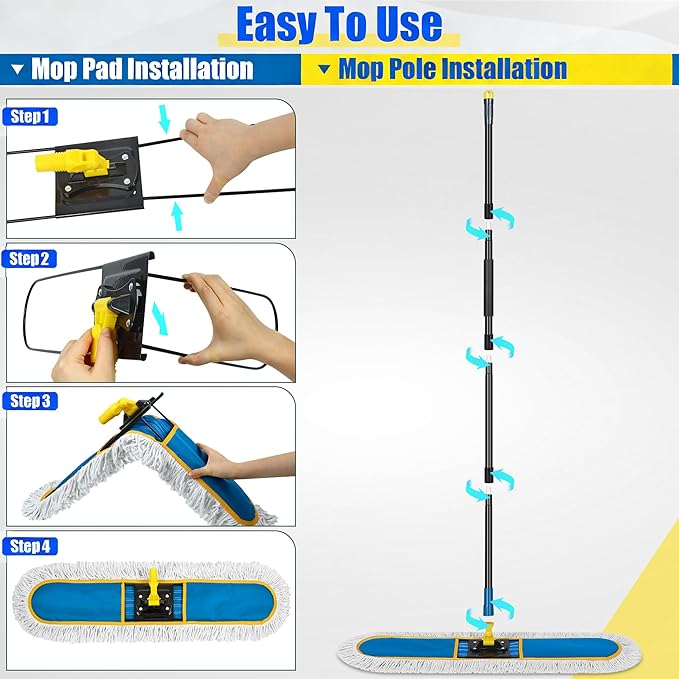 24" Commercial Dust Mop for Floor Cleaning, Heavy Duty Large Industrial Floor Duster with 2 Cotton Mops Pads, Wet Dry Mops for Hardwood Floors,Concrete,Marble,Laminate,Tile,Garage,Blue