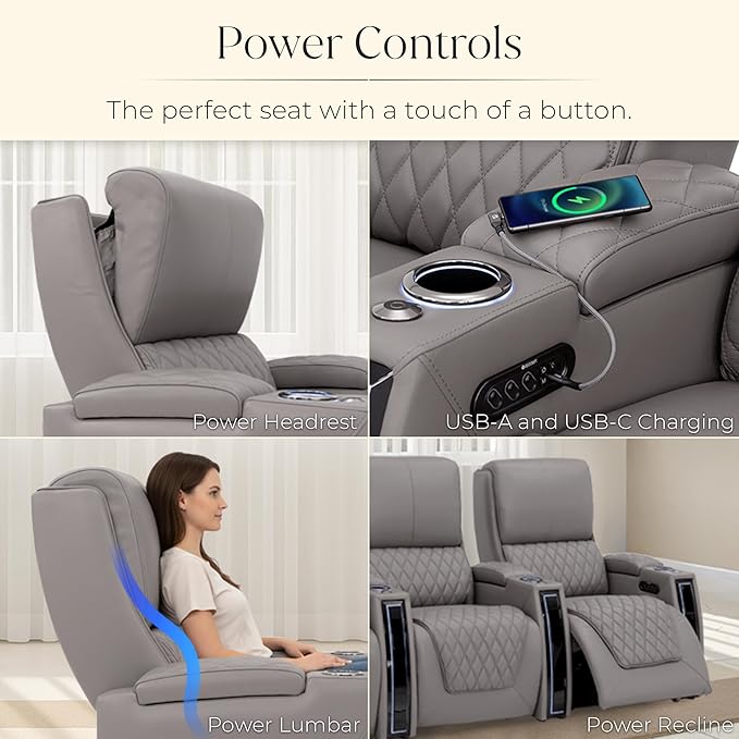 Seatcraft Apex Zero-Gravity CoolZero Italian Leather Home Theater Seating, Powered Headrest, Powered Lumbar, Powered Recline, Row of 3 Left Loveseat, Gray