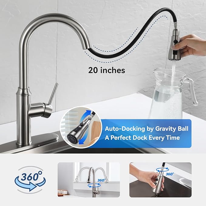 Arofa Kitchen Faucet with Pull Down Sprayer, Brushed Nickel Kitchen Sink Faucet 1-3 Hole Single Handle High Arc Stainless Steel Commercial Modern Kitchen Faucets for RV/Laundry/Outdoor/Farmhouse Sink