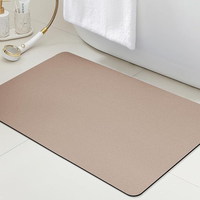 Ultra Thin Bath Mat, Upgrade Backing Non Slip Thin Bath Mats Fit Under Door, Quick Dry Ultra Absorbent Bathroom Rugs, Machine Washable Bath Rugs for Bathroom, Bathtub & Kitchen, Taupe/Solid/36"x24"