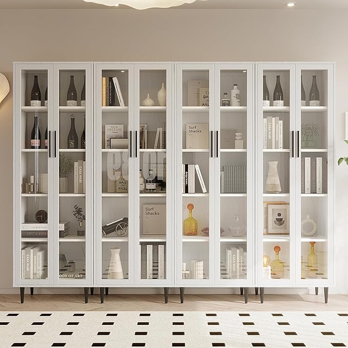 TUSY 70.9“ H Bookshelf with Glass Doors, 5-Tier Display Curio Cabinet with Drawers, Narrow Display Bookcase for Home, Office, Clinic, Pantry (White, C)