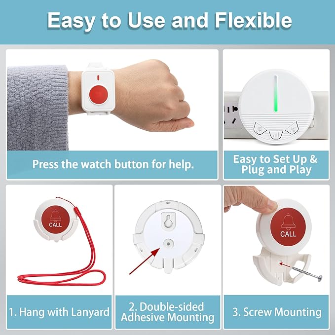 Life Alert Systems for Seniors Caregiver Pager Call Button SOS Button Alert Button for Seniors Elderly at Home 1 Plugin Receiver 1 Waterproof Transmitter 1 Watch Button