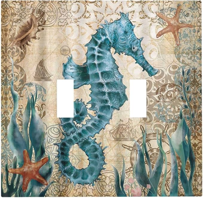 Vintage Blue Seahorse Seaweed Starfish Ocean Nautical Theme Double Toggle Light Switch Cover Decorative 2-Gang Wall Plate Cover Dual Device Electrical Switchplate Faceplate for Farm Bathroom