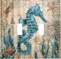 Vintage Blue Seahorse Seaweed Starfish Ocean Nautical Theme Double Toggle Light Switch Cover Decorative 2-Gang Wall Plate Cover Dual Device Electrical Switchplate Faceplate for Farm Bathroom