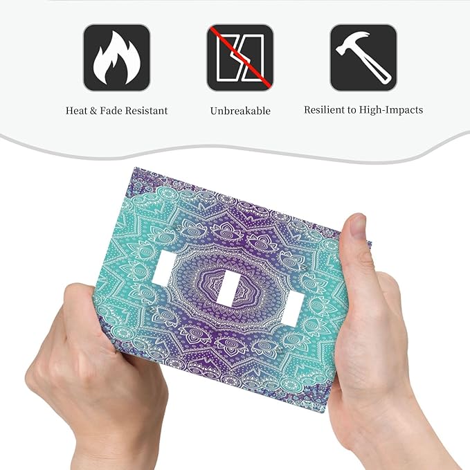 Light Switch Cover Ombre Modern Mandala Floral Geometric 3 Gang Wall Plate Triple Light Switch Plate Toggle Decorative Outlet Covers Electrical Switchplate for Bathroom Bedroom Decor
