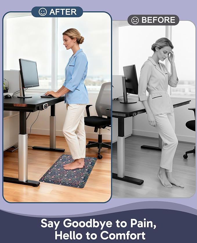 Ophanie Kitchen Mats for Floor, 3/4 inch Thick, 17x28 Anti Fatigue Cushioned Mat, Kitchen Rugs, Waterproof, Comfort Ergonomic Standing Mat for Office, Home, Sink, Blue Flower Non-Slip Ridged Bottom