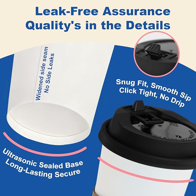 20 oz 100 Pack Coffee Cups with Lids and Sleeves, Straws, Hot Disposable To Go Travel Paper Cups Bulk for Office, Home Coffee Bar Accessories, Chocolate, Cocoa, Beverage (White)