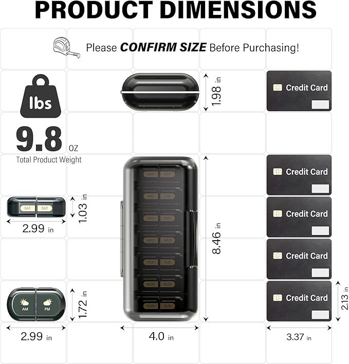 Weekly Pill Organizer 2 Times a Day, Moisture-Proof, Detachable Compartments, AM PM Pill Box 2X 7 Day, Travel Pill Organizer for Pills/Fish Oil/Medication/Vitamin/Supplements (Black)