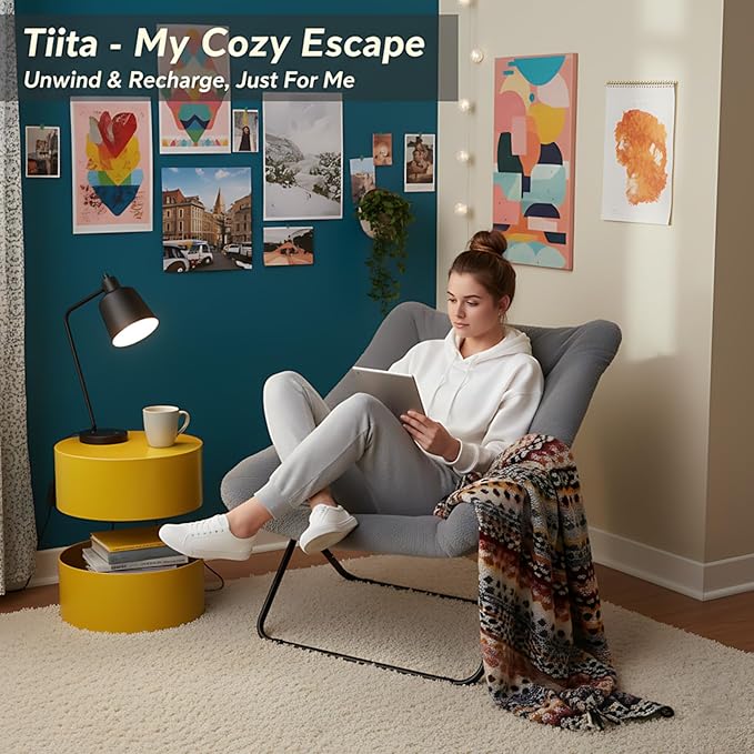 Tiita Comfy Saucer Chair, Soft Faux Fur Oversized Folding Accent Chair, Lounge Lazy Chair for Kids Teens Adults, Metal Frame Moon Chair for Bedroom, Living Room, Dorm Rooms, X-Large, Grey