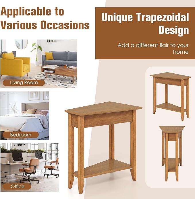 Giantex Wedge End Table, Triangle Side Table with Storage Shelf and Solid Wood Legs, 24.5" Tall Nightstand, Modern Narrow Accent Recliner Table for Small Space Living Room, Walnut