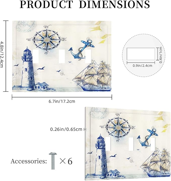 Nautical Sailboat Lighthouse Compass Anchor 3 Gang Light Switch Cover Decorative Triple Toggle Wall Plate Rustic 3 Hole Electrical Device Switchplate Cover Faceplate for Country Bathroom Decor