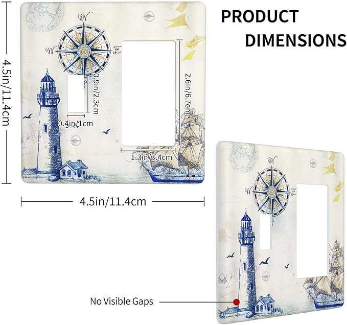 Nautical Sailboat Lighthouse Compass Anchor 2 Gang Light Switch Cover Plates Decorative Combination Toggle Rocker/Decora Wall Plate Rustic Electrical Switchplate for Country Bathroom Decor