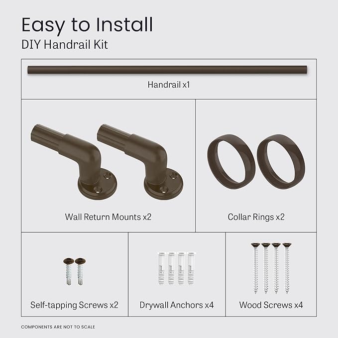 Meranti Aluminum Handrail for Stairs - ADA Compliant Wall Returns - Handrails for Indoor Stairs - Metal Handrail, Powder Coated for Outdoor Environment, DIY Handrail Kit (WHR, Bronze Textured, 4' L)