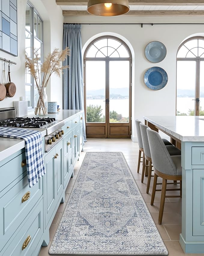 DEXI Kitchen Floor Mats Anti Fatigue, 23x86 Large Long Cushioned Vintage Runner Rug Waterproof, Standing Comfort Memory Foam Padded for Front Sink Laundry Office, Light Grey and Blue