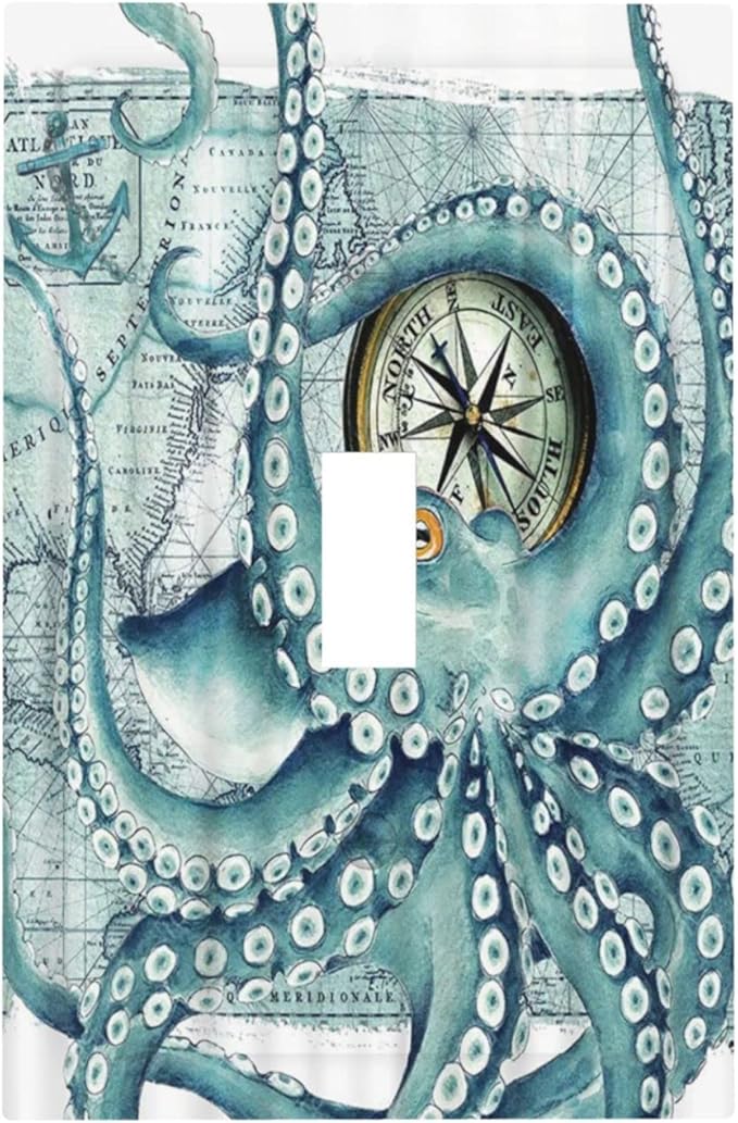 Vintage Nautical Octopus Eyes Funny Ocean Kraken Single Toggle Light Switch Covers Decorative 1 Gang Wall Plates Cover Compass Pirate Map Electrical Device Switchplate for Farmhouse Bathroom