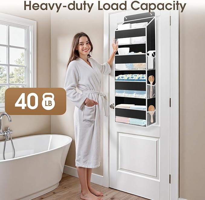 1 Pack Over The Door Organizer, Hanging Storage Organizer with Clear Window, 40lb Ultra Sturdy Large Capacity Room Organizer for Pantry Laundry Bathroom Nursery Closet (Black)