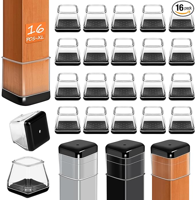 16 Pcs Chair Leg Sliders for Carpet Rug, Square Chair Glides, Silicone Furniture Leg Protectors Caps Kitchen Table Feet Covers with Plastic Pads, No Scratches (Fit:1-1/2"~1-3/4", Clear)