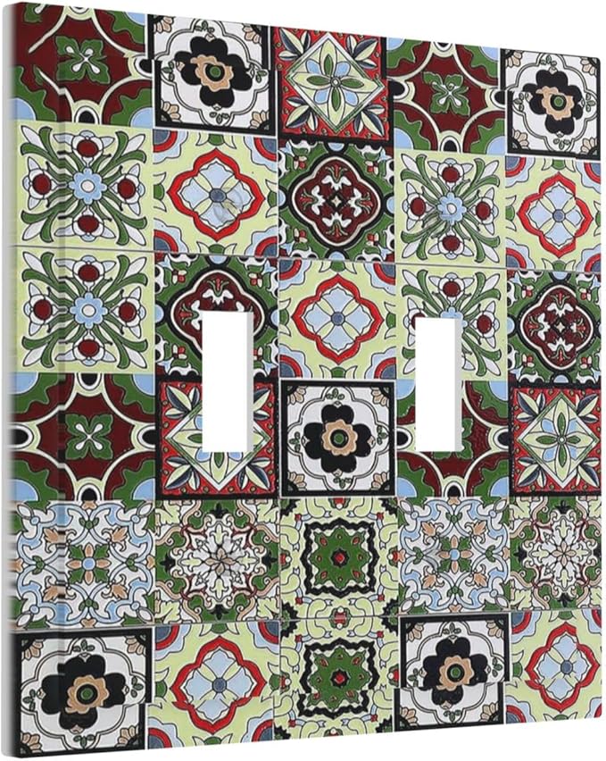 Decorative Switch Plates Talavera Tile Decal 2 Gang Double Toggle Outlet Light Switch Cover Wall Plate Electrical Faceplate for Bedroom Bathroom Decor