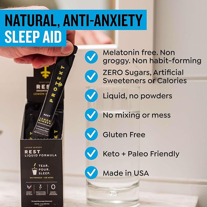 PROTEKT GABA L Theanine Supplement | Melatonin-Free Sleep Aid for Adults | Valerian Root for Night Support & Restful Sleep | GABA Calm Liquid Drink Mix for Adults | Mixed Berry, Pack of 10