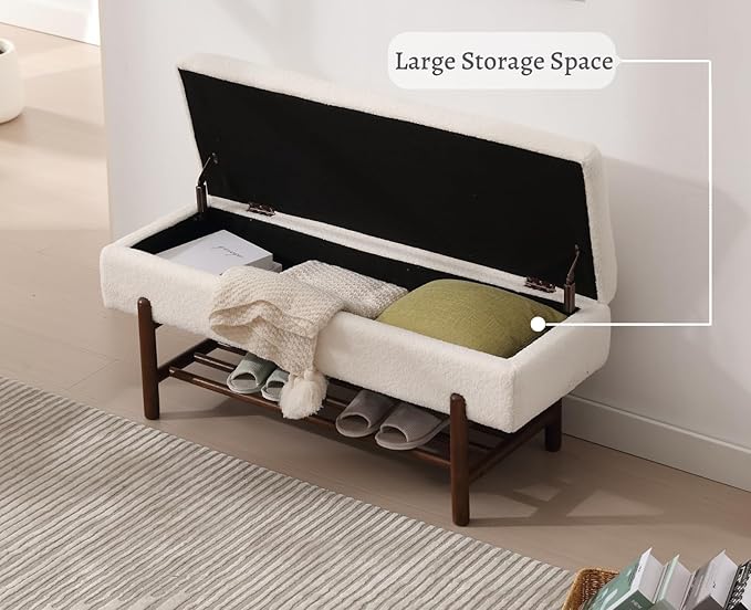 EALSON Modern Storage Ottoman Bench Sherpa Upholstered End of Bench with Seating and Wood Shoe Rack Long Entryway Bench for Bedroom/Living Room/Foyer, White