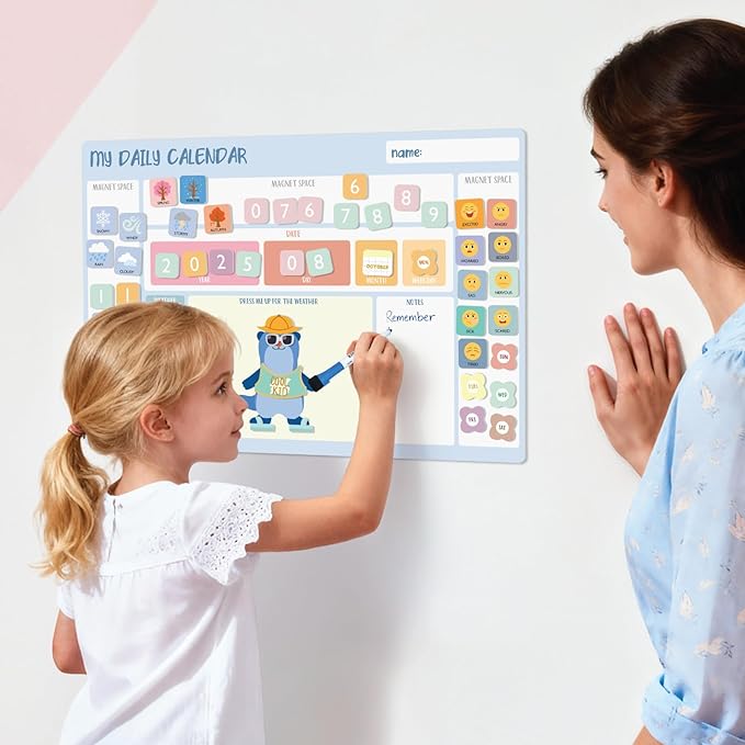 COMIX Whiteboard Calendar Dry Erase, Adhesive White Board Calendar for Kids 26" x 17" with Funny Magnetic Deco, Educational Calendar Set for Kids Student Home Classroom