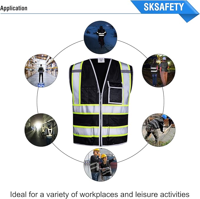 SKSAFETY 10 Pockets Safety Vest, Class 2 High Visibility Security with Zipper, Hi Vis Vest with Reflective Strips, ANSI/ISEA Standard, Construction Work Vest for Men ＆ Women （Black, 4XL）