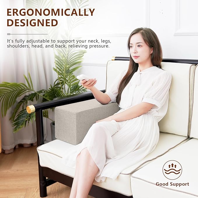 2 Pack Couch Arm Rest Pillow, 6''x6''x20'' Linen Cover, High Density Foam Armrest Cushion, Removable & Washable Elbow Support for Sofa, Bed, and Armchair (Beige)