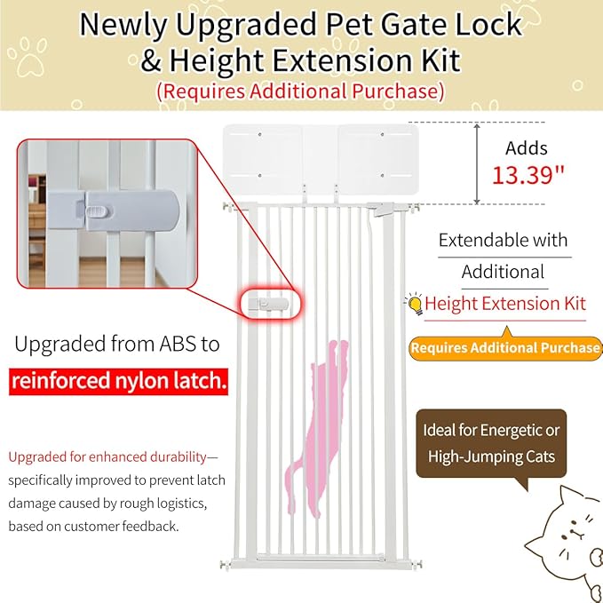 Lumizone Extra Tall Cat Gate 61.02" High Pressure Mounted Extra Wide 2025 New (17 Sizes) 1.37" Gap No Drilling Auto-Close One-Handed Operation Tall Pet Gate for Dogs(White, 61.02" H x 46.65"-50.97" W)