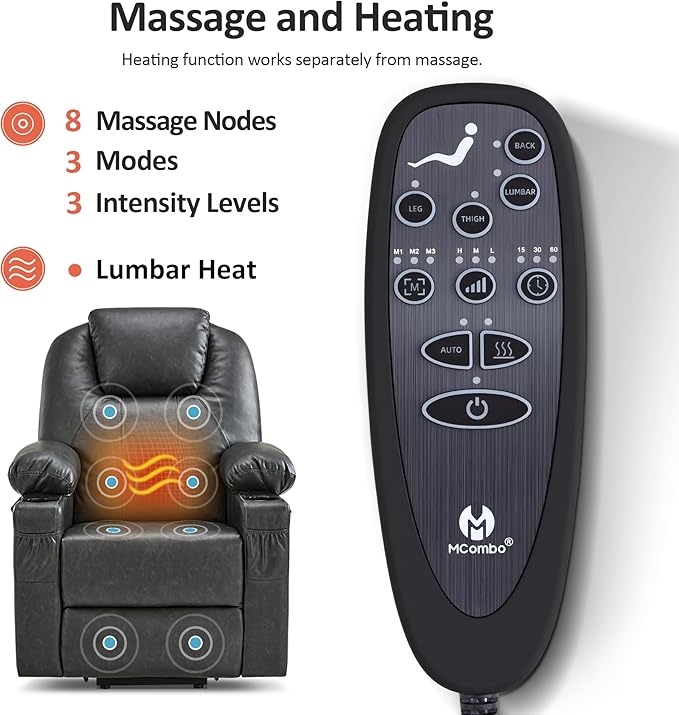 MCombo Power Lift Recliner Chair for Elderly, Lift Chair with Heat and Massage, FSC Certified, USB Ports, Cup Holders, Faux Leather 7141 (Grey, Small)