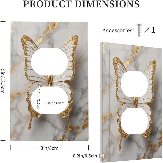 Gold Marble Shine Butterfly Abstract Modern Print Outlet Covers 1 Gang Duplex Light Switch Cover Decorative Switch Plates Electrical Receptacle Faceplate Wall Plate for Bed Room Bathroom Decor