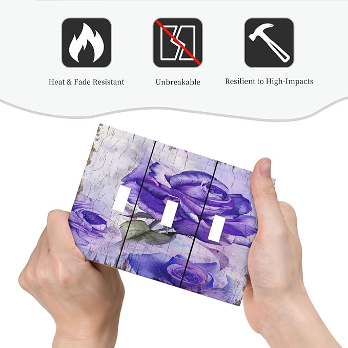 Light Switch Cover Purple Rose Flower Rustic Wood Plank 3 Gang Wall Plate Triple Light Switch Plate Toggle Decorative Outlet Covers Electrical Switchplate for Farmhouse Bathroom Decor