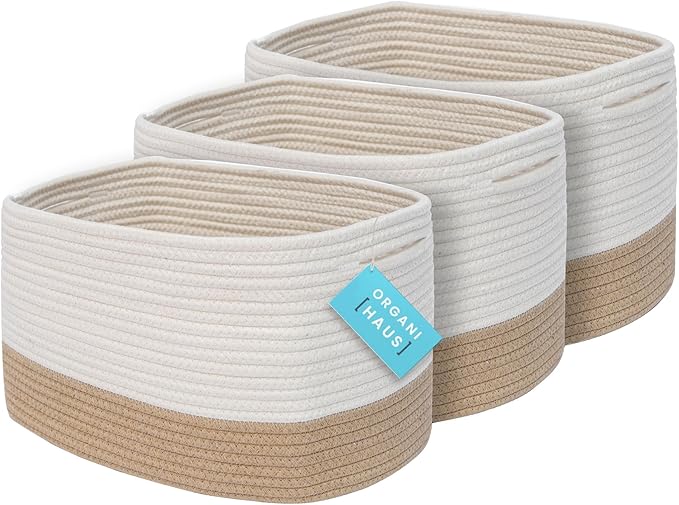 OrganiHaus Set of 3 Woven Storage Baskets for Shelves, Decorative Organizer Bins for Closet & Bathroom, Multipurpose Home Organization Baskets, Toy Storage Basket - Honey/Off-White, 15x9x10 inches