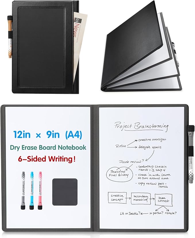 CoBak 6 Sides Portable White Board 12x9 inch (A4) - Notebook Design Dry Erase Small Board with Pocket, Anti-Ghosting Surface for Office, School, Homeschool with Gift Box (Black Pocket Upgrade)