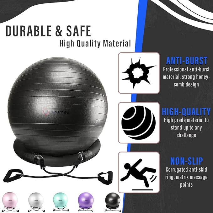 Yoga Ball Chair with 65cm Exercise Ball & 2 Resistance Bands, Stability Base for Home Office, Yoga, Pilates & Fitness, Balance Ball for Posture, Core Strength & Low Impact Workouts