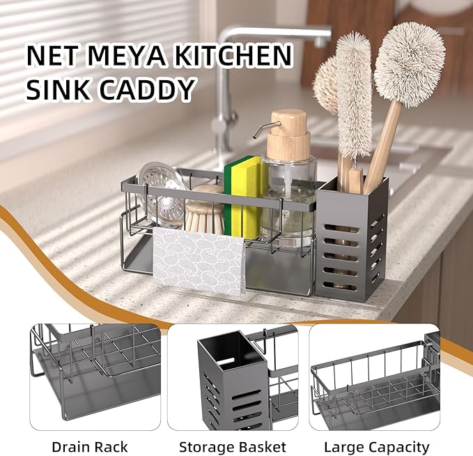 NET MEYA Kitchen Caddy Sink Organizer,Sponge Holder for Kitchen Sink,Dish Soap Dispenser,Kitchen Sink Accessories Countertop Organizer,Stainless Steel Sink Sponge Caddy for Kitchen Sink