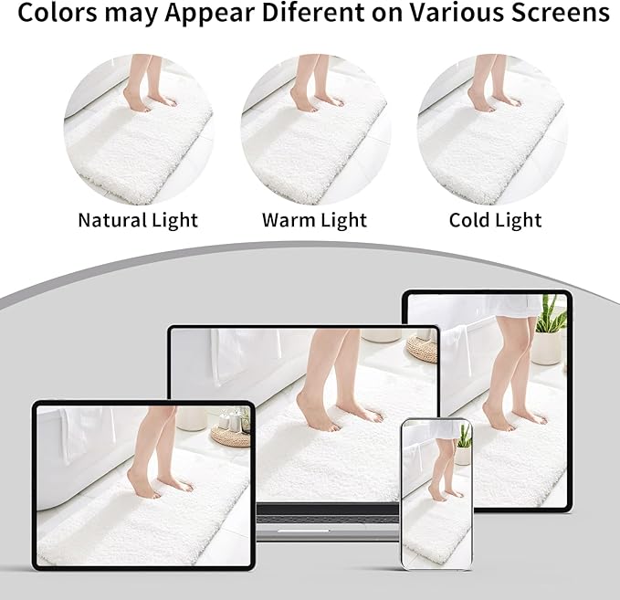 White Bathroom Rugs 24x48 Non Slip Fluffy Bath Mat for Bathroom Floor Washable Plush Luxury Bath Rug for Tub Soft Shaggy Absorbent Shower Sink Mat