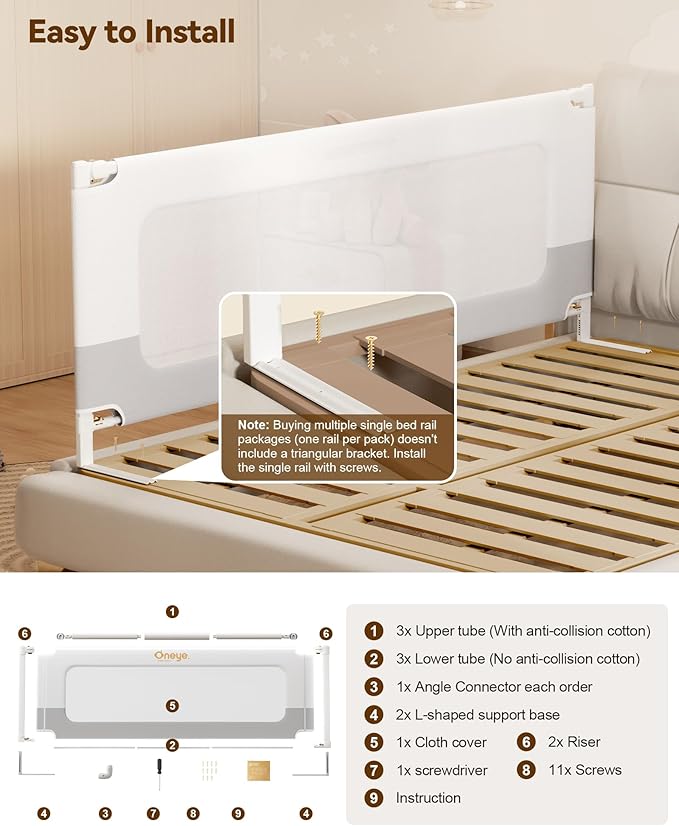 Baby Bed Rail Guard for Toddlers, Reinforced 74.8in Toddler Bed Rails for Twin, Full, King bed with Height Adjustable, Extral Tall Child Safety Side Railing Guards/Bedrail for Kids, White/Grey, 1 Side