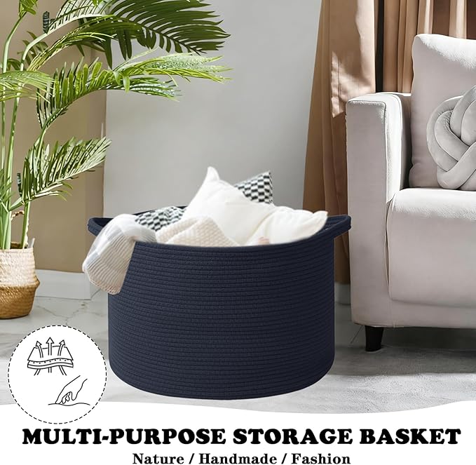Large Storage Basket with Handle,19.7"L x 19.7"W x 13"H Blanket Basket Storage Bins for Organizing,65L Cotton Rope Woven Baskets for Living Room, Nursery,Bedroom,Dark Blue