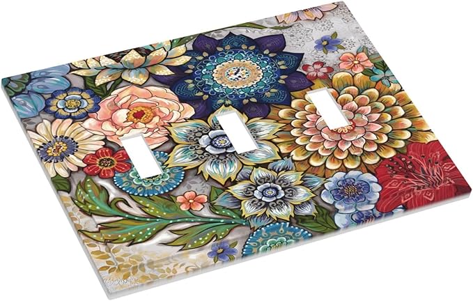 Boho Floral Colorful Floral Multi Color Flower Decorative Switch Plates 3 Gang Wall Plate Triple Toggle Light Switch Cover Faceplate Electrical Wall Panels for Bedroom Living Room Home Decor