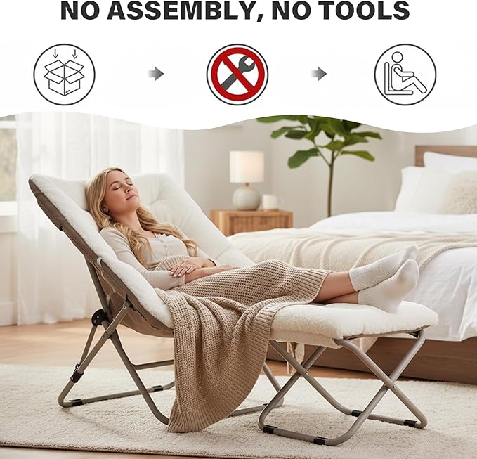 Tiita Folded Chair with Straight Ottoman, Soft Faux Fur Oversized Folding Accent Chair,Lounge Lazy Chair, Metal Frame Moon Chair for Bedroom, Living Room, Dorm Rooms, Garden and Courtyard, Beige
