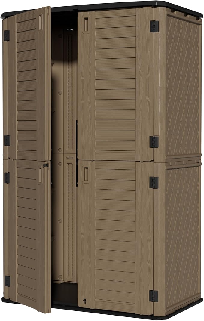 ZZM Large 67 Cu.ft Waterproof Storage Shed, Outdoor Storage Cabinet，Durable Resin Sheds for Patio Furniture, Garden Tools, Pool Accessories, Mower Storage (Coffee)