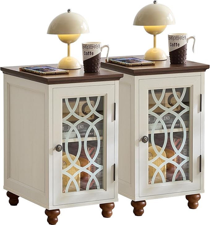 Narrow Side Table Set of 2 with Glass Door, 18 x 14'' Night Stand with Adjustable Shelf Storage Cabinet Organizer, Bedside End Tables Wood Nightstand for Small Spaces Living Room Bedroom