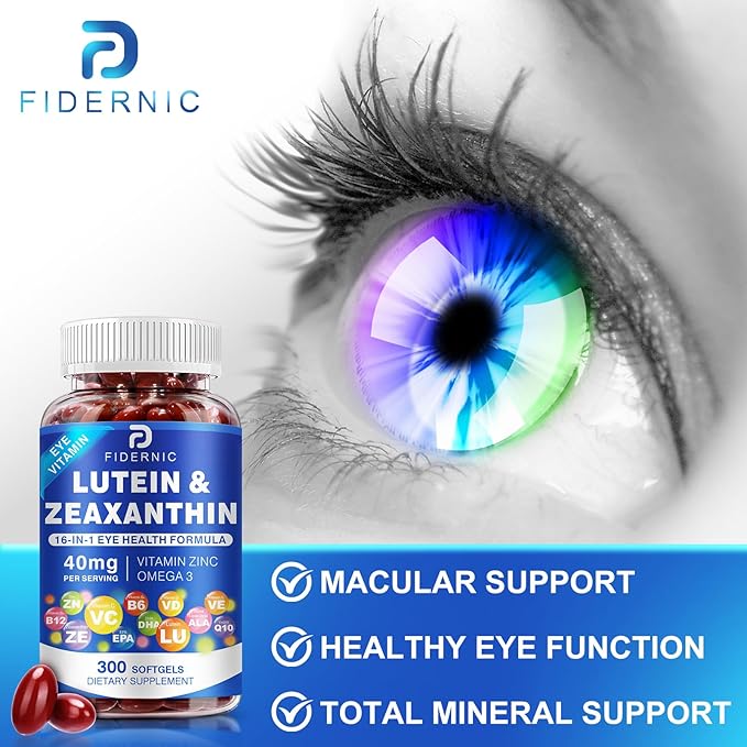 Lutein and Zeaxanthin Supplement - Eye Vitamins, 40 mg Lutein & 8 mg Zeaxanthin with Vitamins C, E, Zinc, Omega-3 & CoQ10 for Blue Light Protection, Eye Health Support  - 300 Softgels
