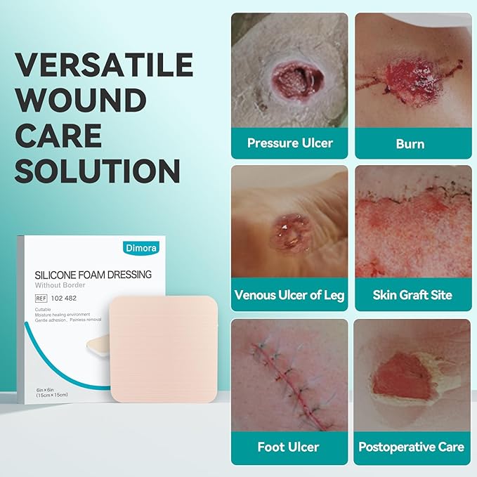 Dimora Silicone Foam Dressing Without Border 10 Pack- 3"x 3" Highly Absorbent Adhesive Waterproof Bandages for Wounds, Cuttable Pads for Wound Care and Dressings