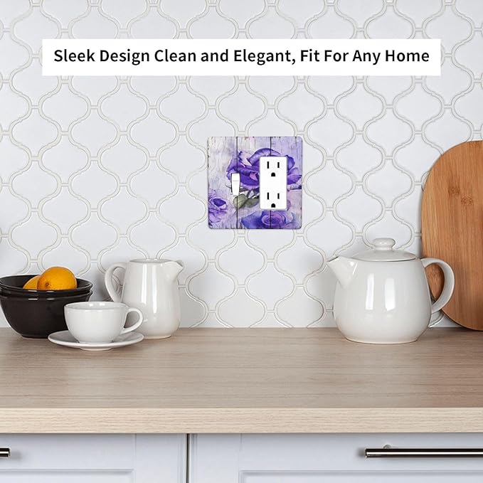 Light Switch Cover Purple Rose Flower Rustic Wood Plank 2 Gang Toggle Rocker Combo Wall Plates Decorative Switch Plates and Outlet Covers Receptacle Cover for Farmhouse Bathroom Decor