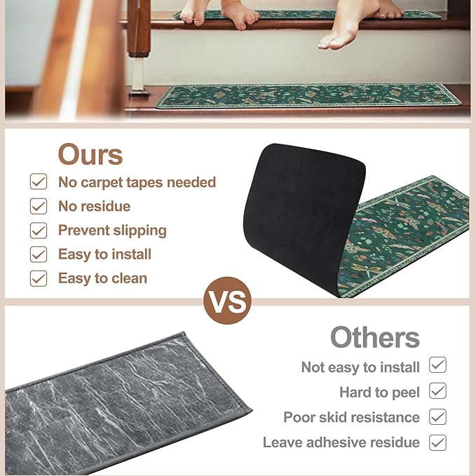 OJIA Insect Print Stair Treads Non Slip 15PCS, 8"x30" Stair Runner for Wooden Steps Indoor, Rubber Stair Mats Residue-Free Staircase Step Treads for Kids, Elders, Pets, Dark Green