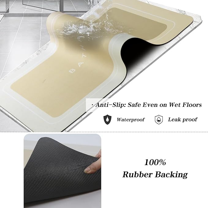 Bath Mat - Super Absorbent Non Slip Quick Dry Thin Rubber Mats for Bathroom Floor, Fit Under Door, Shower Rug for Bathtub, Beige